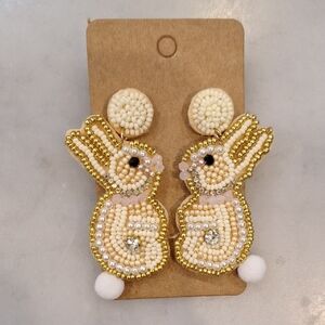New Beaded Easter Bunny Earrings Fuzzy Tail Faux Gold Pearl Beads Pierced Rabbit